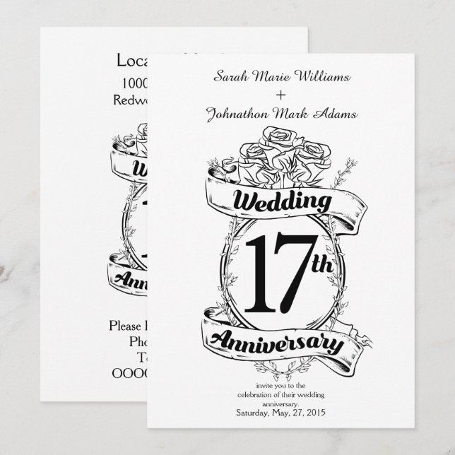 17th Wedding Anniversary Black and White Roses Invitation (Front/Back)