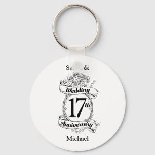17th Wedding Anniversary Black and White Roses Keychain