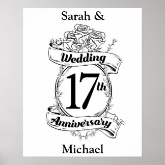 17th Wedding Anniversary Black and White Roses Poster