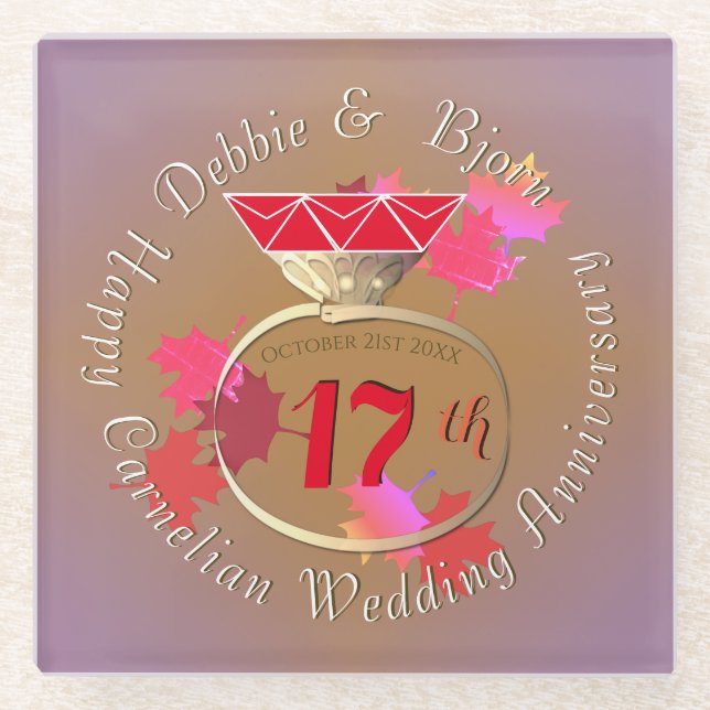 17th Wedding Anniversary Carnelian Glass Coaster (Front)