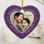 17th Wedding Anniversary Heart Photo Ceramic Ornament<br><div class="desc">Celebrate a 17th happy year of marriage with a custom photo ornament in a delightful heart shape frame. Simply upload your own photo of the married couple and it will appear in the cutout. The purple surround features a white script font and decorations. The words are: 17th Wedding Anniversary -...</div>