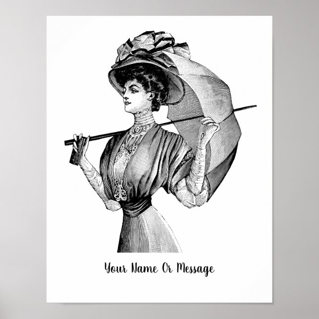 1800s B/W Art Woman With Umbrella Poster (Front)