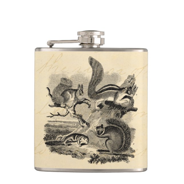 1800s Vintage Squirrels Illustration - Squirrel Hip Flask (Front)