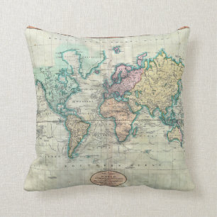 1801 Cary Map of the World on Mercator Projection Throw Pillow