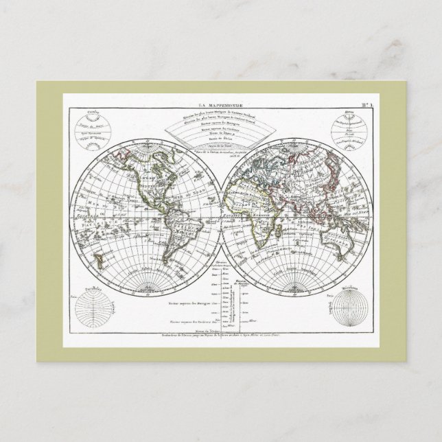 1806 Atlas Map: La Mappemonde by Eustache Hérisson Postcard (Front)