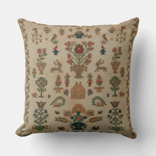 1825 British Sampler Reproduction Throw Pillow (Front)