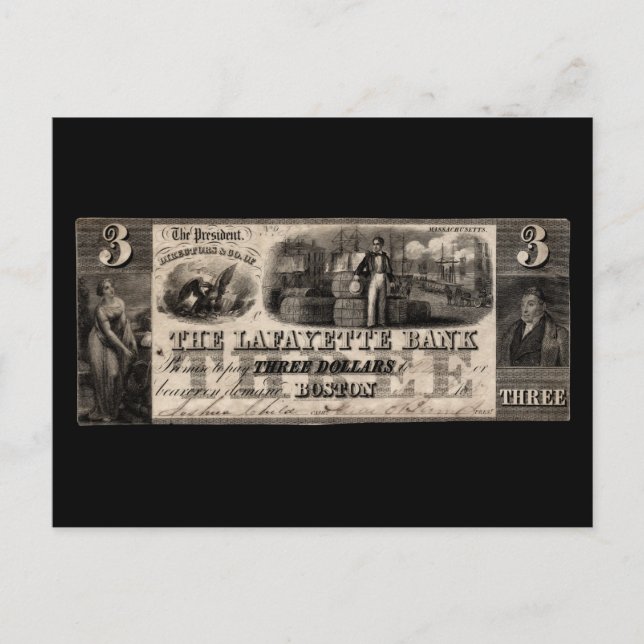 1837 Lafayette Bank Three Dollar Note Postcard (Front)