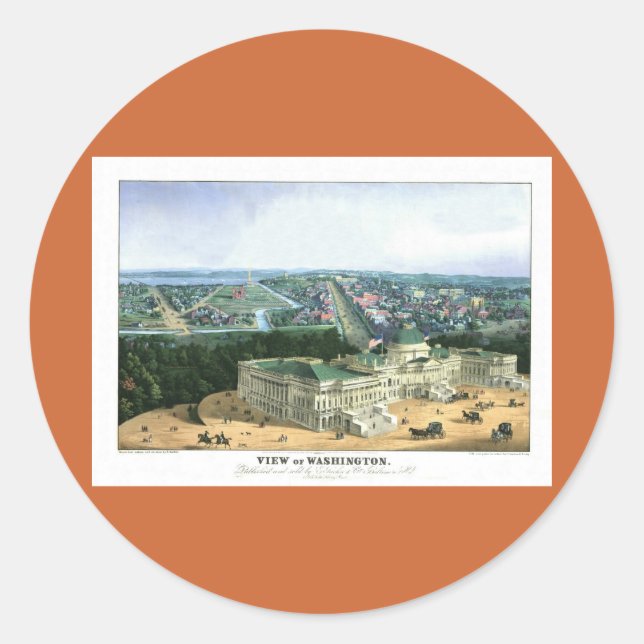 1852 Colour Lithograph - View of Washington Classic Round Sticker (Front)