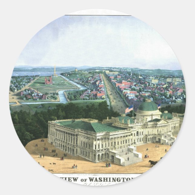 1852 Colour Lithograph - View of Washington Classic Round Sticker (Front)