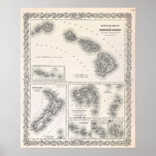 1855 Colton Map of Hawaii and New Zealand Poster