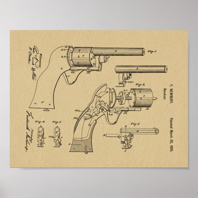 1855 Gun Revolver Patent Art Drawing Print (Front)