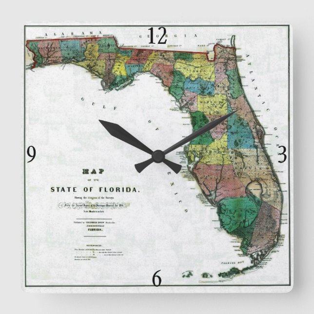1856 Map of the State of Florida by Columbus Drew Square Wall Clock (Front)