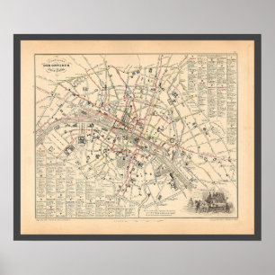 1858 Map: Itineraire des Omnibus dans Paris France Poster
