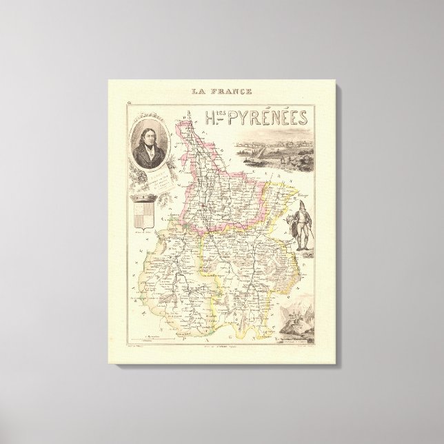 1858 Map of Hautes Pyrenees Department, France Pos Canvas Print (Front)