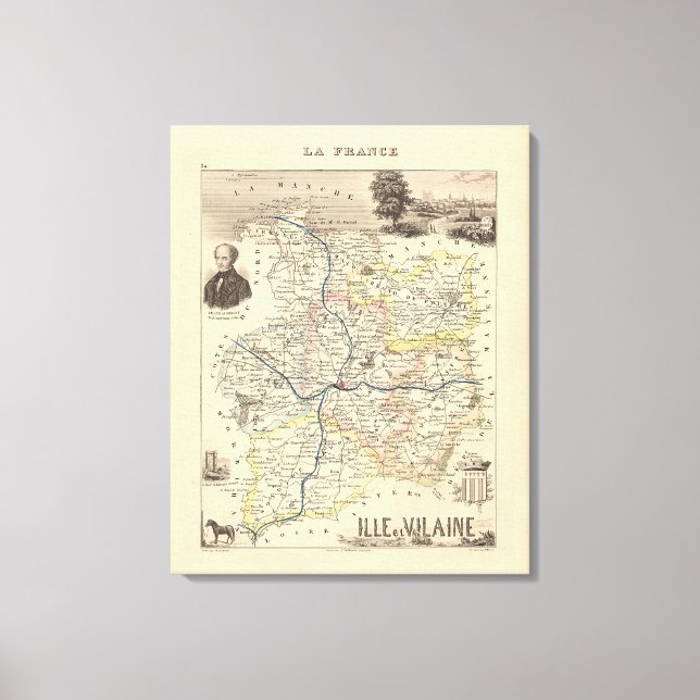 1858 Map of Ille et Vilaine Department, France Pos Canvas Print (Front)