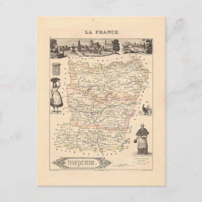 1858 Map of Mayenne Department, France Postcard (Front)