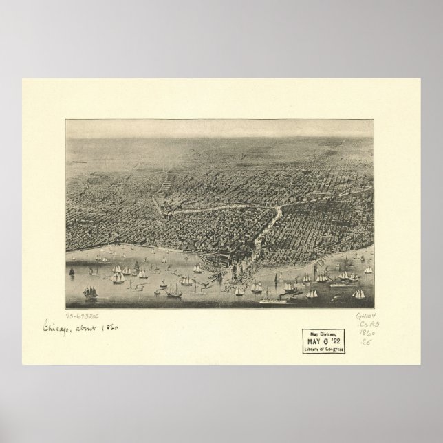 1860 Chicago, IL Birds Eye View Panoramic Map Poster (Front)