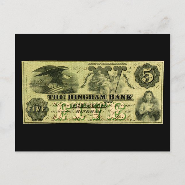 1860 Hingham Massachusetts Five Dollar Note Postcard (Front)