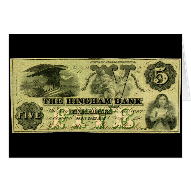 1860 Hingham Massachusetts Note à cinq dollars (Devant horizontal)