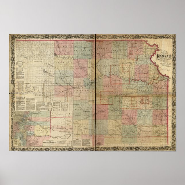 1867 Antique Railroad Map of Kansas Poster (Front)