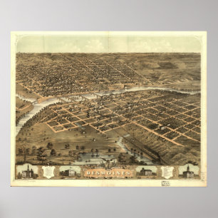 1868 Des Moines, IA Birds Eye View Panoramic Map Poster