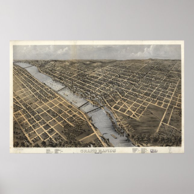 1868 Grand Rapids, MI Birds Eye View Panoramic Map Poster (Front)