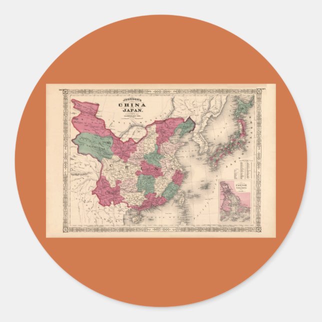 1868 Map - Johnson's China and Japan Classic Round Sticker (Front)