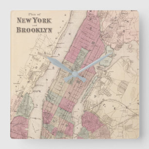 1868 Map of New York and Brooklyn Square Wall Clock