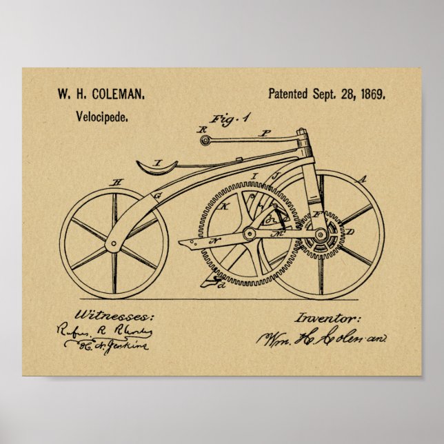 1869 Chainless Bicycle Patent Art Drawing Print (Front)
