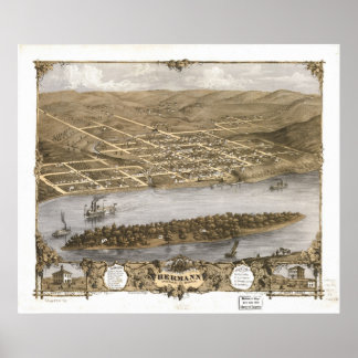 1869 Hermann, MO Birds Eye View Panoramic Map Poster