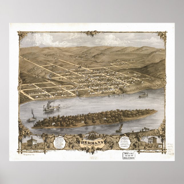 1869 Hermann, MO Birds Eye View Panoramic Map Poster (Front)