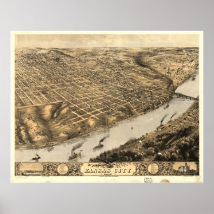 1869 Kansas City, MO Birds Eye View Panoramic Map Poster