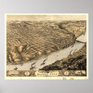 1869 Kansas City, MO Birds Eye View Panoramic Map Poster