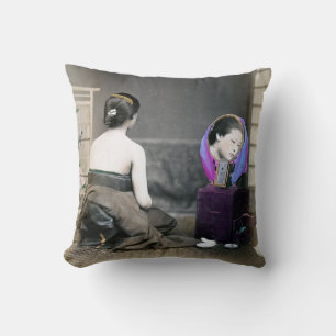 1870 Japanese Woman in Dressing Room Throw Pillow