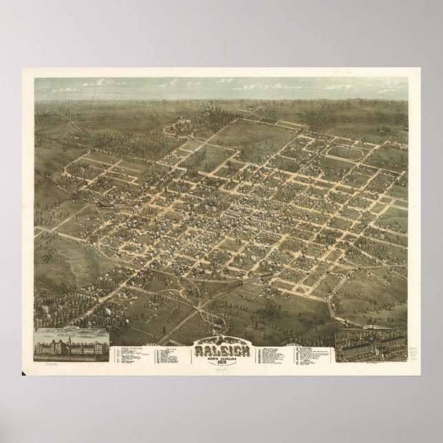 1872 Raleigh, NC Birds Eye View Panoramic Map Poster (Front)