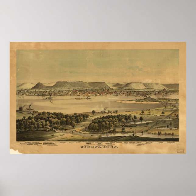 1874 Winona, MN Birds Eye View Panoramic Map Poster (Front)