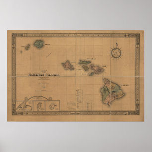 1876 Map of Hawaii Hawaiian Islands Poster