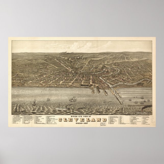 1877 Cleveland, OH Birds Eye View Panoramic Map Poster (Front)