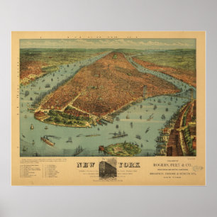 1879 New York City NY Birds Eye View Panoramic Map Poster