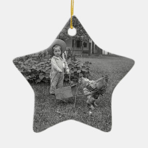 1880's Adorable Girl and Rooster Cart in Garden Ceramic Ornament