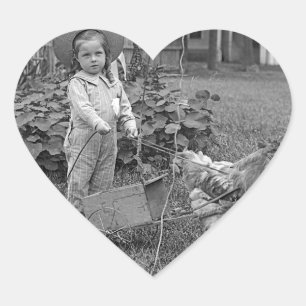 1880's Adorable Girl and Rooster Cart in Garden Heart Sticker