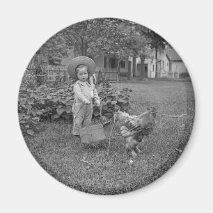1880's Adorable Girl and Rooster Cart in Garden Magnet