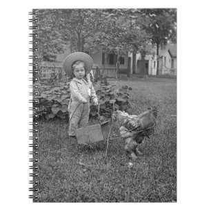 1880's Adorable Girl and Rooster Cart in Garden Notebook