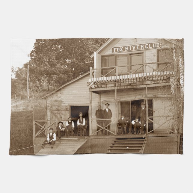 1880's Men Club Fox River Club Fishing Elgin Kitchen Towel (Horizontal)