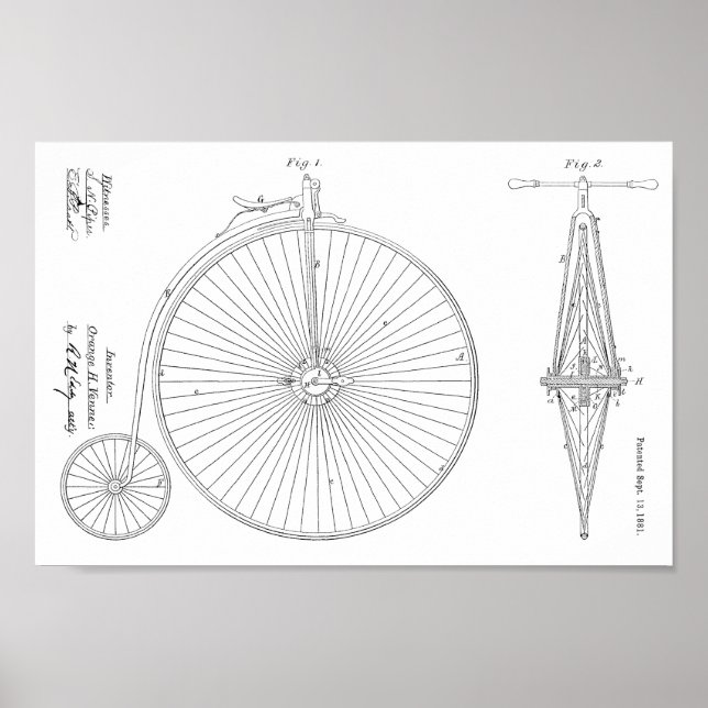 1881 High Wheeler Bicycle Design Patent Art Print (Front)