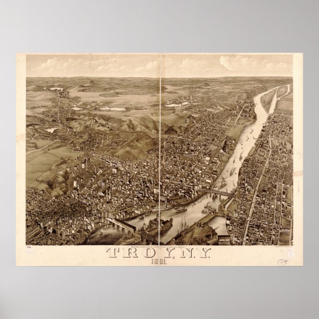 1881 Troy, NY Birds Eye View Panoramic Map Poster (Front)