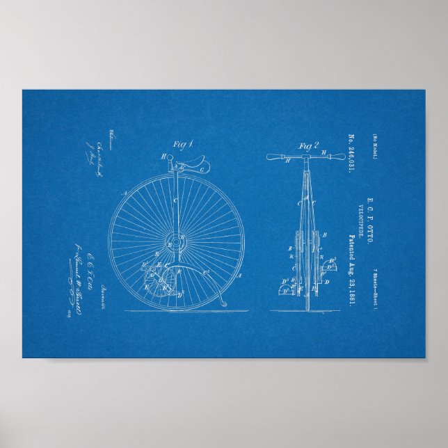 1881 Vintage Bicycle Velocipede Patent Print (Front)
