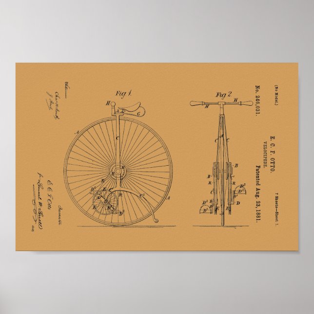 1881 Vintage Bicycle Velocipede Patent Print (Front)