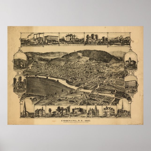 1882 Corning, NY Birds Eye View Panoramic Map Poster (Front)