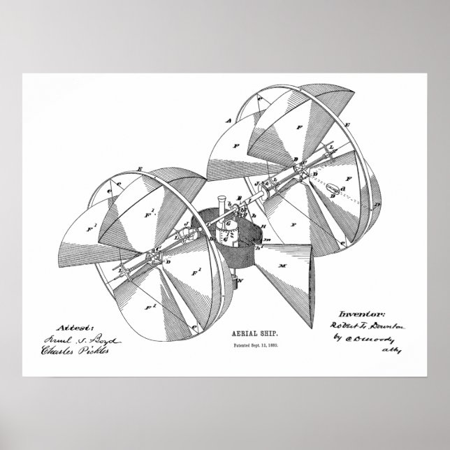 1882 Flying Machine Airplane Art Drawing Print (Front)